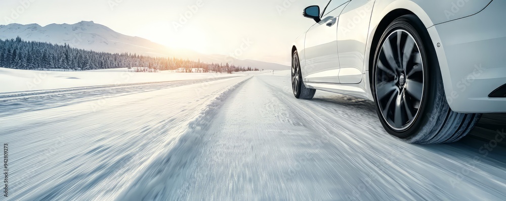 Wall mural a sleek white car navigating a snowy road during winter, highlighting the beauty of winter driving i