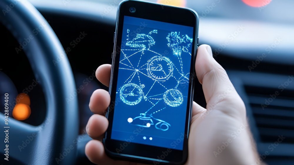 Aufkleber a smartphone displaying a futuristic interface while being held inside a vehicle, showcasing technol