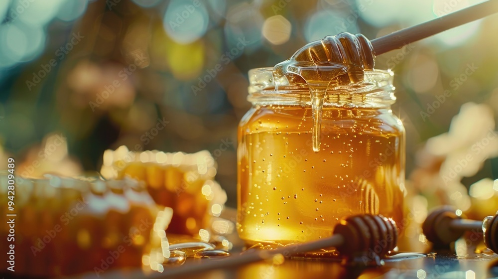 Poster A jar of honey with a stick stuck in it