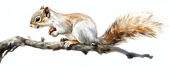 Obraz premium A playful squirrel perched on a branch, holding an acorn with its tiny paws. Beautifully detailed and lifelike illustration.