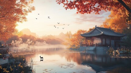 Tranquil Autumn Sunset with a Deer in a Chinese Garden