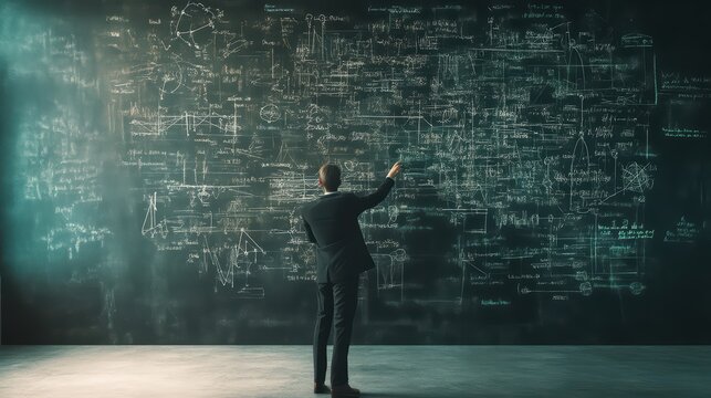 A professional man analyzes complex data on a chalkboard, representing problem-solving and critical thinking.