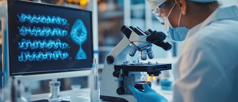 Poster a scientist analyzes samples under a microscope in a modern laboratory, highlighting the importance 