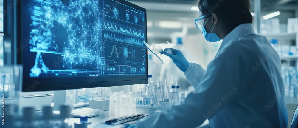 Poster a scientist analyzes data on a computer screen in a modern laboratory, showcasing advanced research 