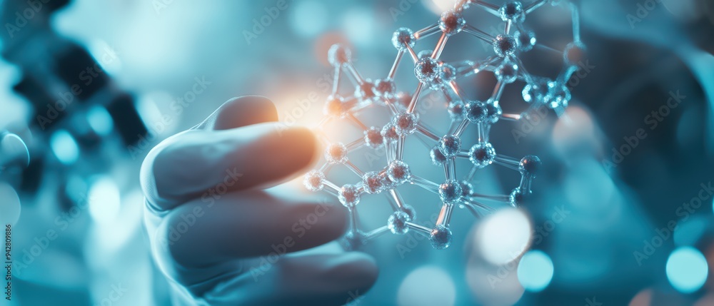 Poster a scientist in a lab holds a glowing molecular structure, symbolizing innovation and discovery in bi
