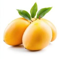 Three ripe passion fruits with green leaves isolated on white background.