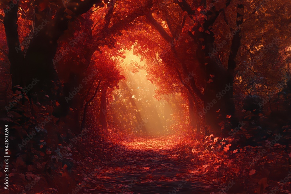 Poster a serene forest path illuminated by soft sunlight filtering through vibrant autumn leaves, creating 