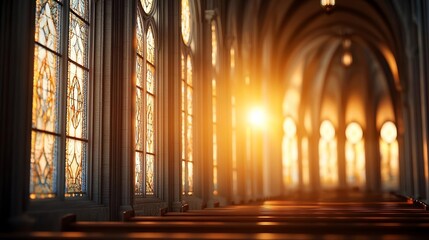 Golden light filters through tall, elegant church windows, illuminating the space with a peaceful glow, emphasizing the architectural beauty and divine ambiance