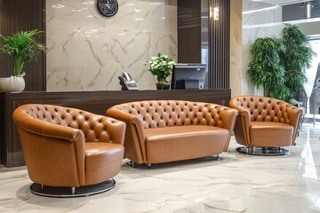 Modern Reception Area with Brown Leather Sofas and Chairs