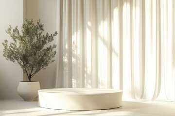 A serene interior scene featuring soft light, elegant curtain, minimalist furniture, and a lush plant for a calming atmosphere.