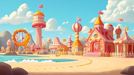 Obraz premium Fantasy Beach Town with Colorful Buildings and Ferris Wheel.