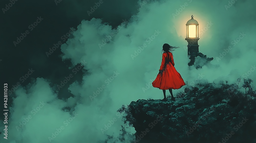 Sticker Woman in Red Dress Standing on a Clifftop with a Lighthouse in the Fog.