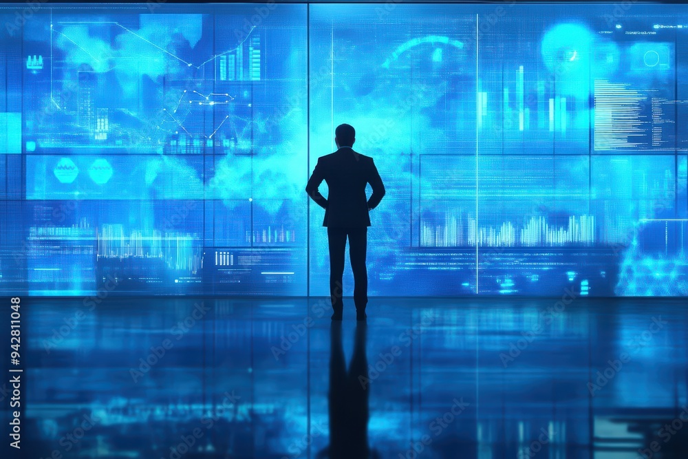 Poster a silhouette of a businessman standing in front of digital screens displaying data and analytics in 