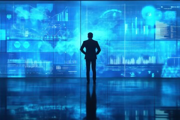 A silhouette of a businessman standing in front of digital screens displaying data and analytics in a modern office environment.