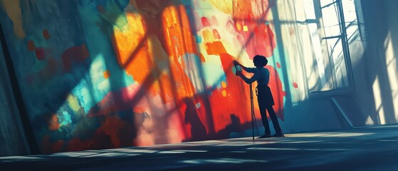 A silhouette of a child painting vibrant colors on a wall, creating art in a sunlit room filled with shadow and light.