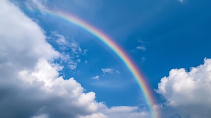 A vibrant rainbow arcs gracefully across the blue sky, framed by fluffy white clouds, symbolizing hope and beauty in nature.