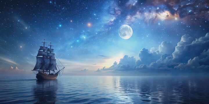 A serene and mysterious image of a ship sailing under the moonlit night sky with stars twinkling above, ship, night, moon, sky