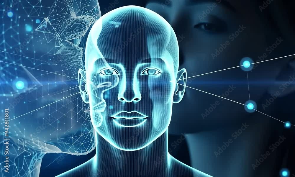 Aufkleber exploring the boundary between human emotion and digital intelligence in a futuristic virtual landsc