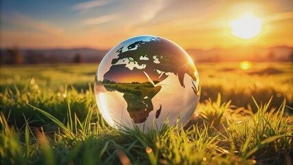 A bright globe glitters on the lush green grass as the sun shines on it.