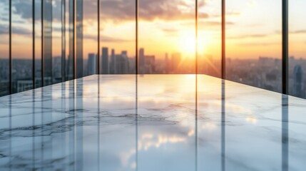 White marble stone table with sunset city view in office building,view of window wall building with sunrise city view background,Modern office interior,golden hour concept,space for text.