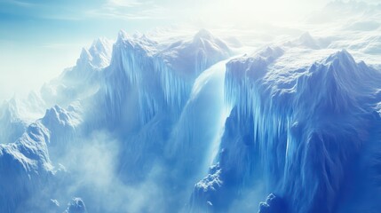 A stunning icy landscape featuring majestic glaciers and a serene waterfall glistening in the sunlight.