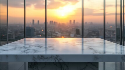 White marble stone table with sunset city view in office building,view of window wall building with sunrise city view background,Modern office interior,golden hour concept,space for text.