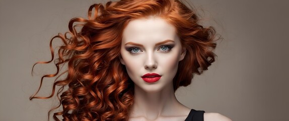 Hairstyle. Red Hair. Fashion Girl Portrait with long Curly Hair. Beauty portrait of woman.