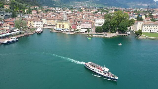 Aerial view of the town and marina of Riva Del Garda on Lake Garda, Italy on a sunny summer day