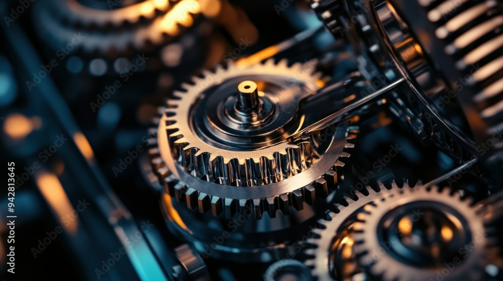 Poster close-up of shiny metallic gears in a machine