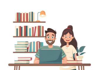 Father and child with laptop on transparent background
