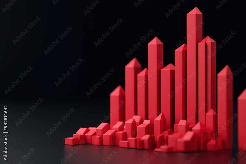 Poster a striking red bar graph on a dark background, representing data growth and analysis in a modern des