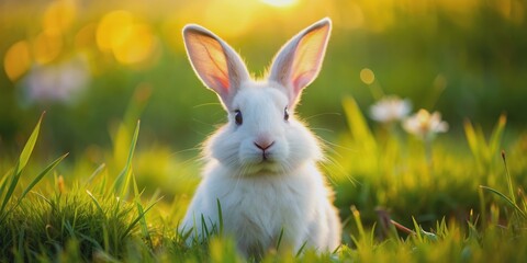 Fototapeta premium Fluffy white rabbit with long ears and bright eyes in a grassy meadow, rabbit, bunny, pet, cute, fluffy, animal, wildlife, nature