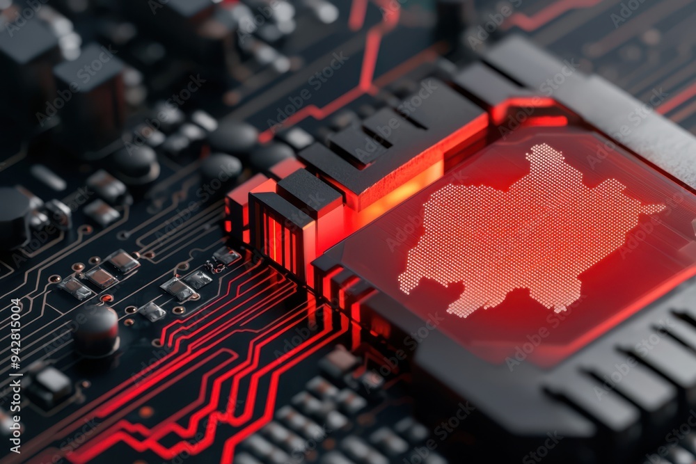 Poster close-up of a computer circuit board with a glowing red processor, showcasing advanced technology an