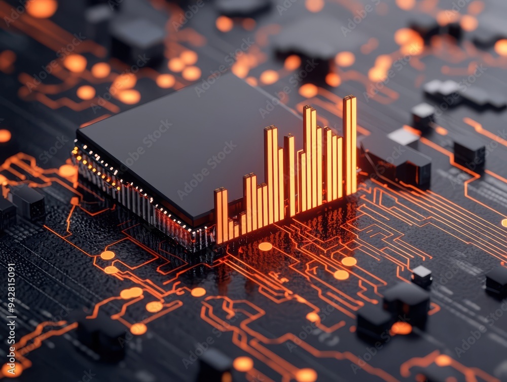 Poster close-up view of a computer chip with glowing data visualizations, showcasing advanced technology an