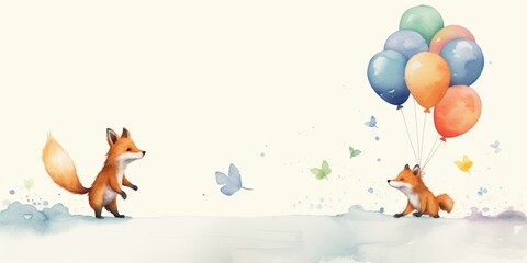 Naklejka premium Whimsical Watercolor Fantasy: AI-Generated Fox and Rabbit with Balloons. Enchanting Abstract Art for Creative Marketing, Children's Decor, and Playful Advertising Campaigns. Minimalist Design with Ele