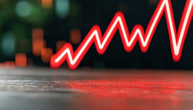 Dynamic red graph line indicating growth, representing data trends and financial success in a modern business environment.