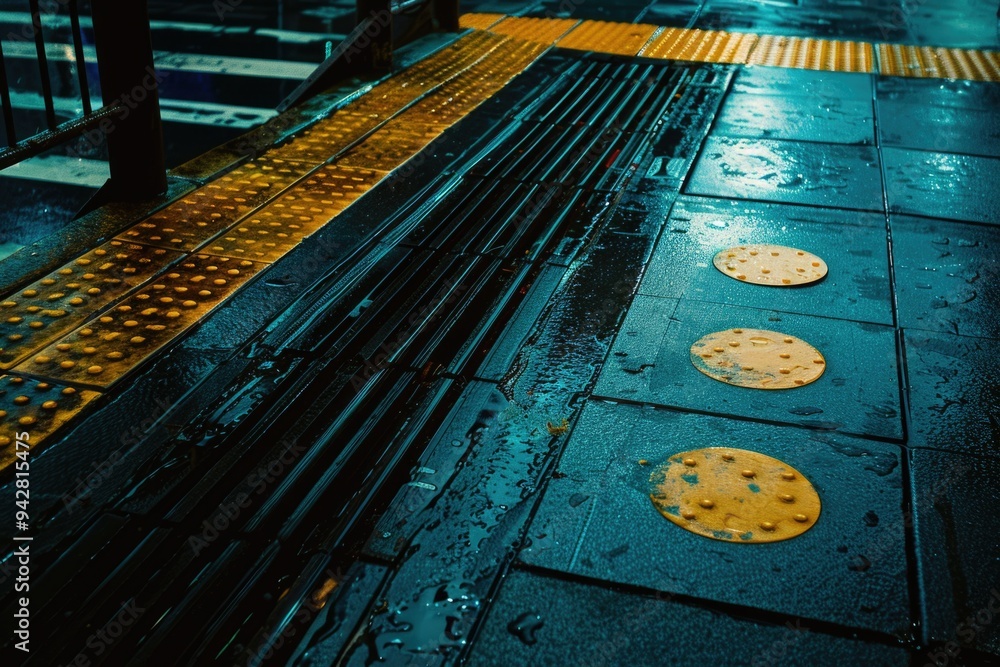 Poster a close-up shot of a wet sidewalk with yellow dots, ideal for use in illustrations about urban plann