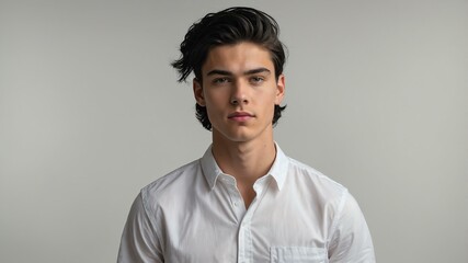 Obraz premium teen stunning black hair white man with white shirt model portrait standing straight on a white wall for ad concept space for text