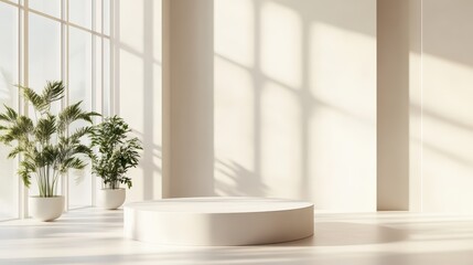 Bright and airy interior featuring a minimalist podium and greenery, perfect for presentations or creative spaces.