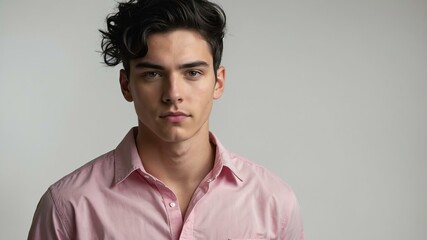 Obraz premium teen stunning black hair white man with pink shirt model portrait standing straight on a white wall for ad concept space for text