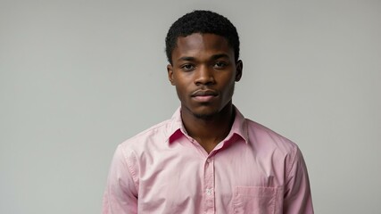 Obraz premium teen stunning black hair subsaharan african man with generic shirt model portrait standing straight on a white wall for ad concept space for text