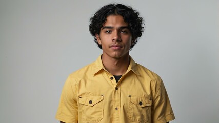 Obraz premium teen stunning black hair hispanic man with yellow shirt model portrait standing straight on a white wall for ad concept space for text