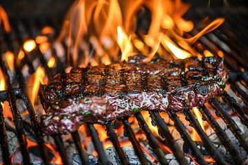 Thick beef steak grilling over hot coals, intense flames