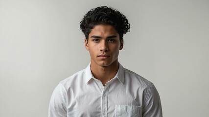 Obraz premium teen stunning black hair hispanic man with white shirt model portrait standing straight on a white wall for ad concept space for text