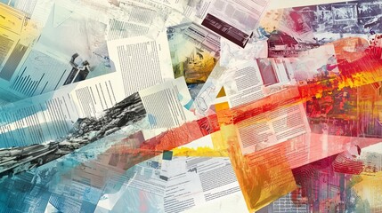 Abstract collage of research papers and journals, blending text and images with vibrant colors.