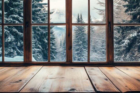 Fototapeta Cozy winter scene through a wooden window, showcasing snowy mountains and evergreen trees for a serene atmosphere.