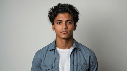 Obraz premium teen stunning black hair hispanic man with gray shirt model portrait standing straight on a white wall for ad concept space for text