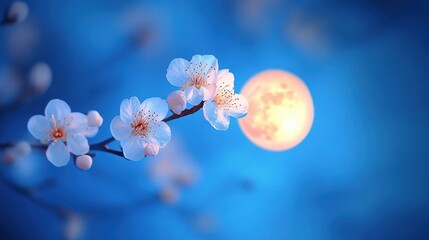 Super moon with apricot flowers on blue sky background,sakura flowers tree branch,pink flower cherry blossom,Full moon,Almond blossom,big fantastic Moon,Romantic night scene,spring in korea or japan.