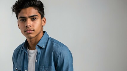 Fototapeta premium teen stunning black hair hispanic man with blue shirt model portrait standing straight on a white wall for ad concept space for text