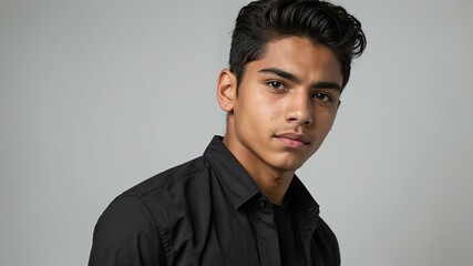 Obraz premium teen stunning black hair hispanic man with black shirt model portrait standing straight on a white wall for ad concept space for text